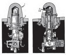 Visor periscópico para comandantes PT-K, instalado en el puesto del cargador de algunos T-34 a partir de 1942. (1) Cubierta blindada. (2) Soporte. (3) Cabezal del objetivo. (4) Escala 360º. (5) Perilla para ajuste de desviación. (6) Mecanismo de ajuste del punto de mira. (7) Palanca para ajuste del ángulo del terreno. (8) Ocular. (9) Rueda de ajuste de la visión de 360º. (10) Rueda de ajuste del ángulo de visión.