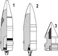 Proyectiles perforantes para el cañón de 76,2 mm F-34: (1) BR-350A (APHEBC-T), (2) BR-350SP (APBC-T), (3) BR-350P (APCR-T).